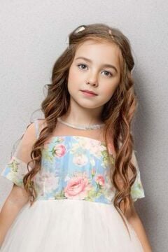 Kız Çocuk Kurdele Toka ve Şerit Detaylı Tüllü Gül Desenli Mavi Elbise