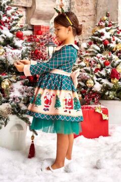 Kız Çocuk Ekose Detaylı Noel Baba Baskılı Bebe Yaka Noel Yeşil Elbise