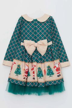Kız Çocuk Ekose Detaylı Noel Baba Baskılı Bebe Yaka Noel Yeşil Elbise