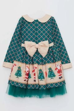 Kız Çocuk Ekose Detaylı Noel Baba Baskılı Bebe Yaka Noel Yeşil Elbise
