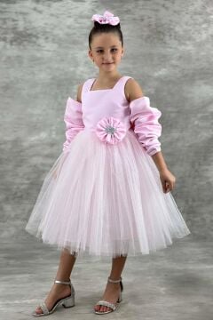 Kız Çocuk Kare Yaka Sıfır Kol Eteği Tüllü Kabarık Saten Kolluk Detaylı Pembe Abiye