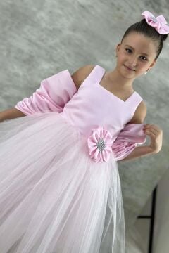 Kız Çocuk Kare Yaka Sıfır Kol Eteği Tüllü Kabarık Saten Kolluk Detaylı Pembe Abiye