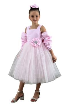 Kız Çocuk Kare Yaka Sıfır Kol Eteği Tüllü Kabarık Saten Kolluk Detaylı Pembe Abiye