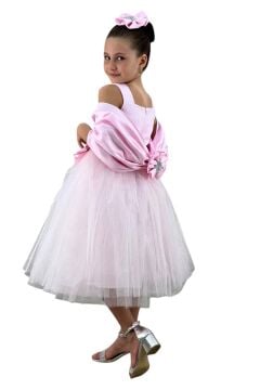 Kız Çocuk Kare Yaka Sıfır Kol Eteği Tüllü Kabarık Saten Kolluk Detaylı Pembe Abiye