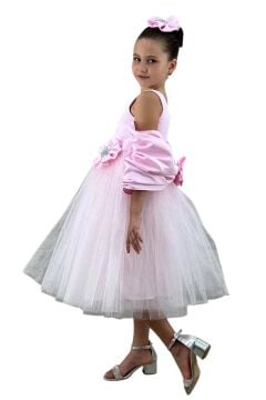 Kız Çocuk Kare Yaka Sıfır Kol Eteği Tüllü Kabarık Saten Kolluk Detaylı Pembe Abiye