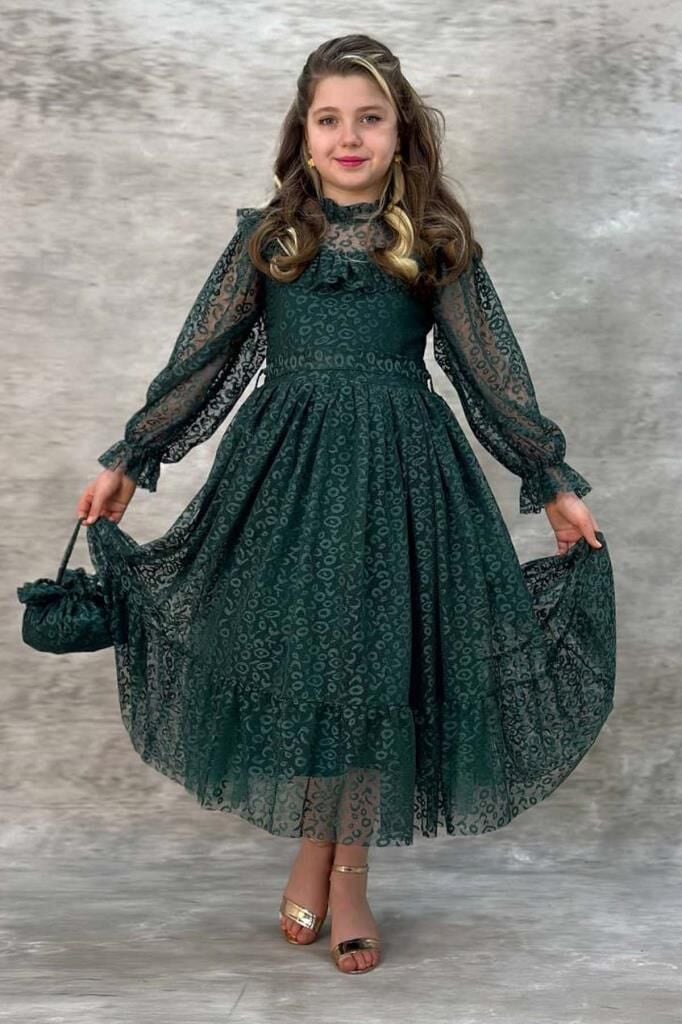 Kız Çocuk Kolları ve Yakası Şeffaf Tül ve Fırfır Detaylı Yeşil Elbise