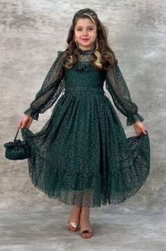 Kız Çocuk Kolları ve Yakası Şeffaf Tül ve Fırfır Detaylı Yeşil Elbise