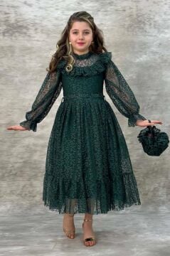 Kız Çocuk Kolları ve Yakası Şeffaf Tül ve Fırfır Detaylı Yeşil Elbise