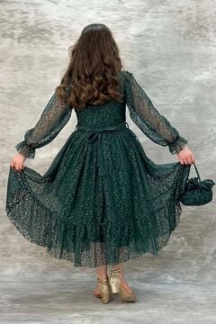 Kız Çocuk Kolları ve Yakası Şeffaf Tül ve Fırfır Detaylı Yeşil Elbise