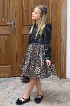 Kız Çocuk Leopar Desenli Siyah Deri Ceketli Elbise