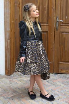 Kız Çocuk Leopar Desenli Siyah Deri Ceketli Elbise