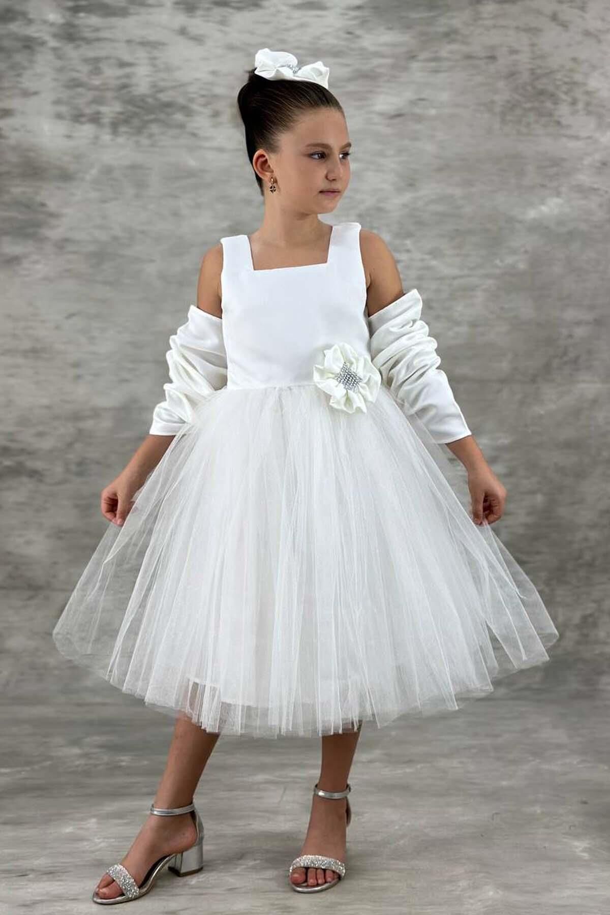 Kız Çocuk Kare Yaka Sıfır Kol Eteği Tüllü Kabarık Saten Kolluk Detaylı Beyaz Abiye