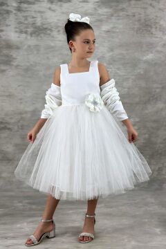 Kız Çocuk Kare Yaka Sıfır Kol Eteği Tüllü Kabarık Saten Kolluk Detaylı Beyaz Abiye