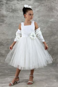 Kız Çocuk Kare Yaka Sıfır Kol Eteği Tüllü Kabarık Saten Kolluk Detaylı Beyaz Abiye