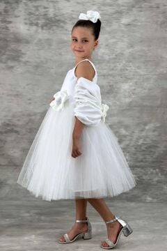 Kız Çocuk Kare Yaka Sıfır Kol Eteği Tüllü Kabarık Saten Kolluk Detaylı Beyaz Abiye