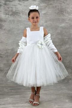 Kız Çocuk Kare Yaka Sıfır Kol Eteği Tüllü Kabarık Saten Kolluk Detaylı Beyaz Abiye