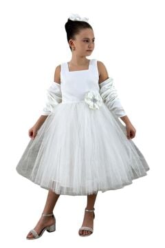 Kız Çocuk Kare Yaka Sıfır Kol Eteği Tüllü Kabarık Saten Kolluk Detaylı Beyaz Abiye