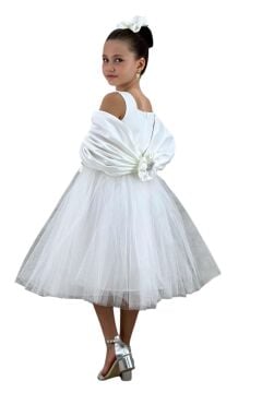 Kız Çocuk Kare Yaka Sıfır Kol Eteği Tüllü Kabarık Saten Kolluk Detaylı Beyaz Abiye