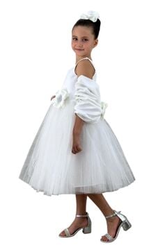 Kız Çocuk Kare Yaka Sıfır Kol Eteği Tüllü Kabarık Saten Kolluk Detaylı Beyaz Abiye