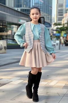 Kız Çocuk Bebe Yaka Bilekler Lastikli Yeşil Kazak Ekose Detay Cepken ve Penye Etekli Takım