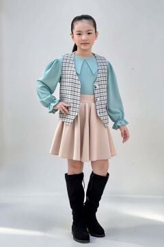 Kız Çocuk Bebe Yaka Bilekler Lastikli Yeşil Kazak Ekose Detay Cepken ve Penye Etekli Takım