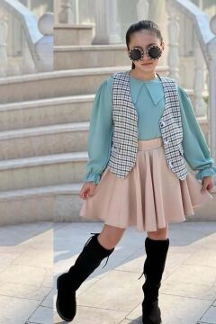 Kız Çocuk Bebe Yaka Bilekler Lastikli Yeşil Kazak Ekose Detay Cepken ve Penye Etekli Takım