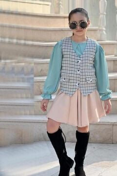 Kız Çocuk Bebe Yaka Bilekler Lastikli Yeşil Kazak Ekose Detay Cepken ve Penye Etekli Takım