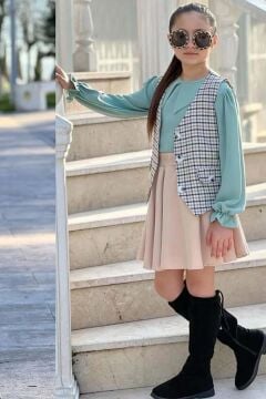 Kız Çocuk Bebe Yaka Bilekler Lastikli Yeşil Kazak Ekose Detay Cepken ve Penye Etekli Takım