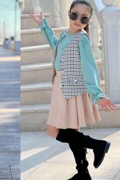 Kız Çocuk Bebe Yaka Bilekler Lastikli Yeşil Kazak Ekose Detay Cepken ve Penye Etekli Takım