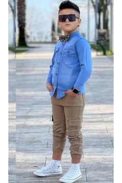 Erkek Çocuk Kapak Cepli Jean Gömlek Kargo Cep Detaylı Lastikli Pantolon Papyonlu Alt Üst Takım