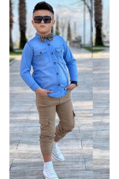 Erkek Çocuk Kapak Cepli Jean Gömlek Kargo Cep Detaylı Lastikli Pantolon Papyonlu Alt Üst Takım