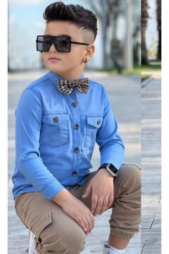 Erkek Çocuk Kapak Cepli Jean Gömlek Kargo Cep Detaylı Lastikli Pantolon Papyonlu Alt Üst Takım