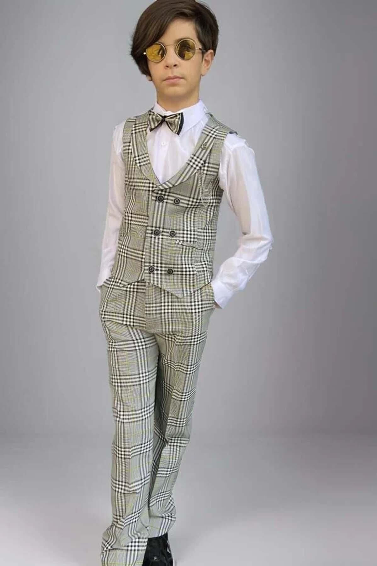 Erkek Çocuk Ekose Çizgili Şal Yaka Yelek ve Pantolon Yeşil Takım Elbise