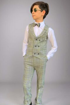 Erkek Çocuk Ekose Çizgili Şal Yaka Yelek ve Pantolon Yeşil Takım Elbise