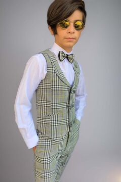 Erkek Çocuk Ekose Çizgili Şal Yaka Yelek ve Pantolon Yeşil Takım Elbise