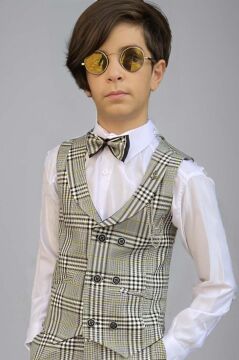 Erkek Çocuk Ekose Çizgili Şal Yaka Yelek ve Pantolon Yeşil Takım Elbise