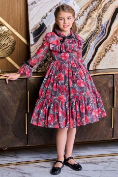 Kız Çocuk Göğsü Fırfırlı Yakası Kurdele Detaylı Gül Desenli Kırmızı Elbise