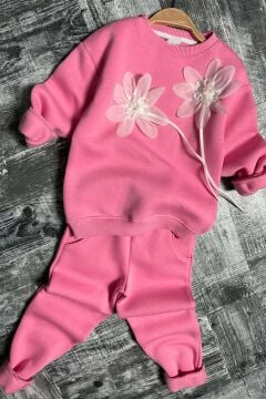 Kız Çocuk Çiçek Aksesuarlı Kazak Manşetli Pembe Eşofman Takım