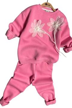 Kız Çocuk Çiçek Aksesuarlı Kazak Manşetli Pembe Eşofman Takım