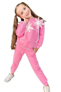 Kız Çocuk Çiçek Aksesuarlı Kazak Manşetli Pembe Eşofman Takım