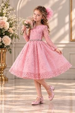 Kız Çocuk Dantel ve Taş İşlemeli, Fiyonk Detaylı Pembe Elbise