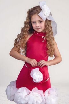 Kız Çocuk Dik Yaka İnci Detaylı Sıfır Kol Eteği 3D Gül İşlemeli Slim Kesim Fuşya Elbise