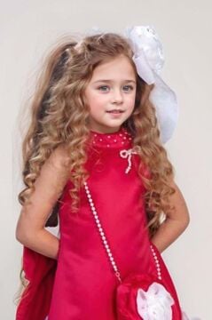 Kız Çocuk Dik Yaka İnci Detaylı Sıfır Kol Eteği 3D Gül İşlemeli Slim Kesim Fuşya Elbise