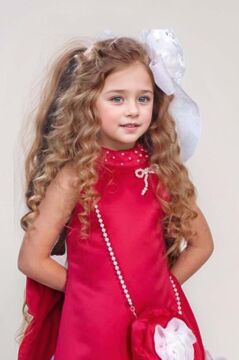 Kız Çocuk Dik Yaka İnci Detaylı Sıfır Kol Eteği 3D Gül İşlemeli Slim Kesim Fuşya Elbise