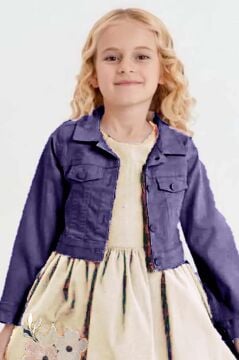 Kız Çocuk Üzerinde Jeans Ceket ve Çiçek Dikiş İşlemeli Krem Elbise