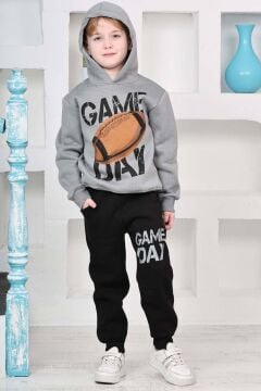 Erkek Çocuk Üzerinde Top ve Game Day Yazı Baskılı Sweatshirt 3 İplik Gri Eşofman Takım