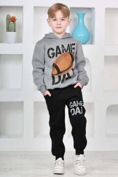 Erkek Çocuk Üzerinde Top ve Game Day Yazı Baskılı Sweatshirt 3 İplik Gri Eşofman Takım