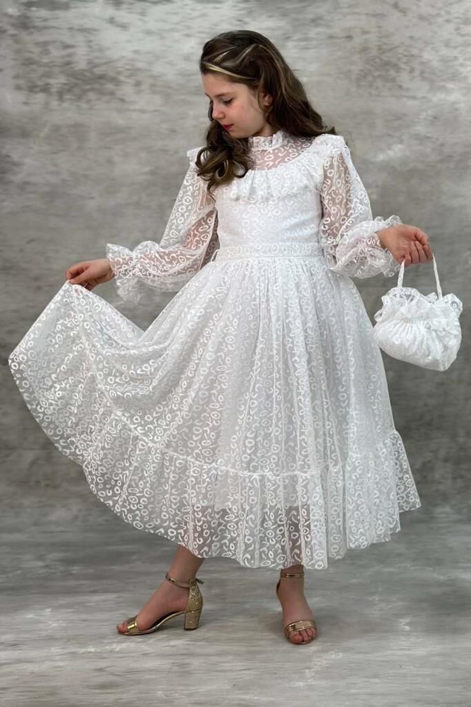 Kız Çocuk Kolları ve Yakası Şeffaf Tül ve Fırfır Detaylı Beyaz Elbise