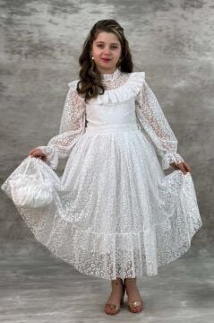 Kız Çocuk Kolları ve Yakası Şeffaf Tül ve Fırfır Detaylı Beyaz Elbise