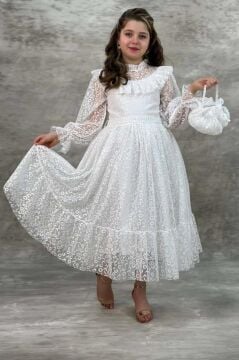 Kız Çocuk Kolları ve Yakası Şeffaf Tül ve Fırfır Detaylı Beyaz Elbise